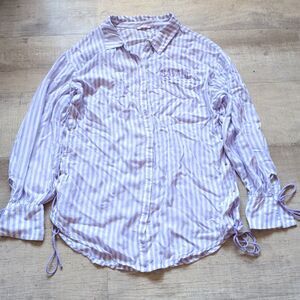Savage X Fenty Womens Purple Striped Woven Lace Up Long Sleeve Sleepshirt Size M